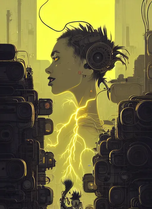 Image similar to highly detailed portrait of wasteland punk long curly bright yellow and white plasma electricity hair tribal lady, stray electric spark wiring by atey ghailan, james gilleard, by joe fenton, by greg rutkowski, by greg tocchini, by kaethe butcher, 4 k resolution, gradient yellow, black and white color scheme!!! ( ( lightning cloudy robotic dystopian city background ) )