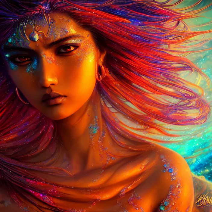 Image similar to ultra detailed stunning digital painting of a angry indian anime girl, skin made out of chrome, covered in a sea of iridescent liquid, lost in a dreamy oriental realm by Karol Bak, Moebius, hiroshi yoshida, Druillet, xsullo, colorful, front view, vivid colors, 8k, coherent, anime vibes, uplifting, magical composition, artstation, synthwave, 8k, coherent, artgerm, uplifting, unreal engine, magical composition, artstation