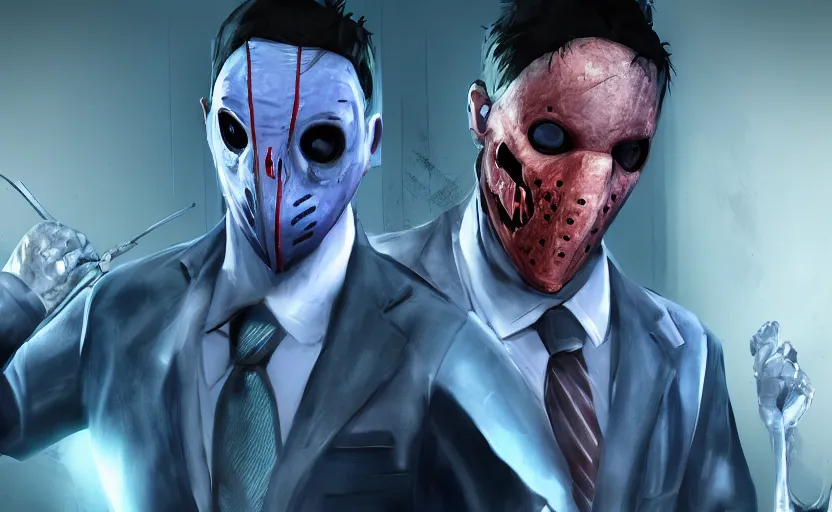 Image similar to cinematic view of a dead by daylight killer lawyer wearing a blue business suit, character portrait, digital art