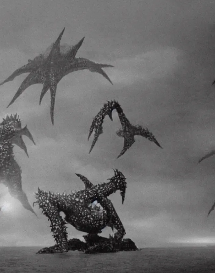 Image similar to a filmstill of a north korean monster movie, kaiju - eiga monster with starfish - arms trampling a traditional korean palace, foggy, film noir, epic battle, etheral, explosions, communist propaganda, communist epic thriller produced by kim jong - il, cinematography by akira kurosawa and tim burton, video compression