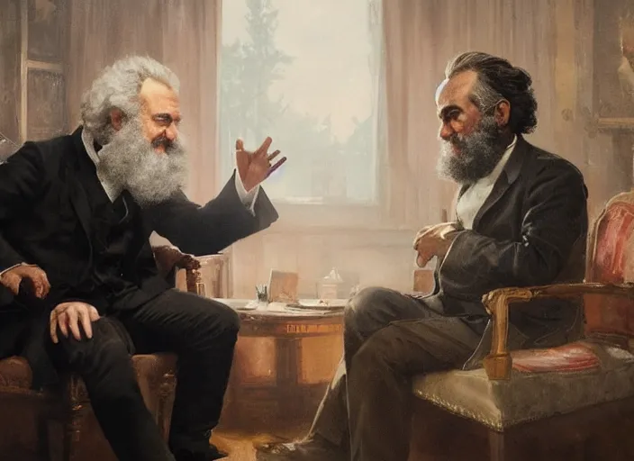 Image similar to Jordan Peterson having a conversation with Karl Marx by Greg Rutkowski, 4k, masterpiece