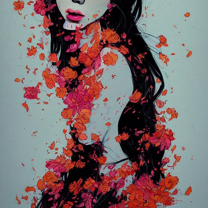 Image similar to candid portrait of very beautiful young filipino woman with narrow face, surrounded by dramatic swirling smoke and flowers, face partially obscured, dark background, by conrad roset, abstract, trending on artstation