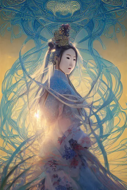 Image similar to breathtaking detailed soft painting of a samurai queen with long flowing blue hair, pastel flower petals flying, at dawn in front of a pristine golden art nouveau cathedral, elegant, volumetric lighting, highly detailed, artstation, concept art, matte, sharp focus, art by pilyeon, matcha art