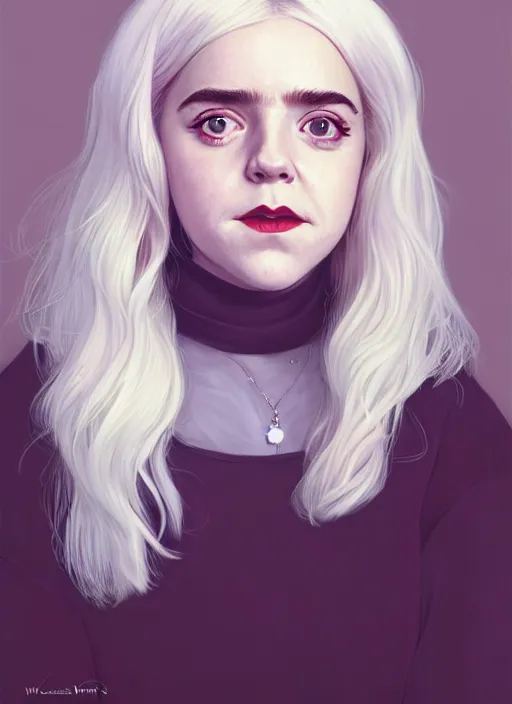 Image similar to full body portrait, kiernan shipka as sabrina spellman, white hair, obese, bangs, sultry, realistic, sultry smirk, fluffy bangs, freckles, fat, belly, intricate, elegant, highly detailed, digital painting, artstation, concept art, smooth, sharp focus, illustration, art by wlop, mars ravelo and greg rutkowski