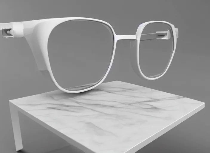 Prompt: white futuristic glasses on a marble table, hyper detailed, 8k resolution, 3D render