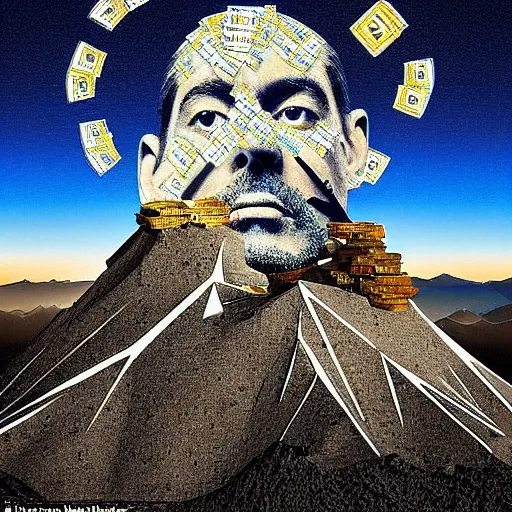 Image similar to a mountain made out of computer screens that display bitcoin logos, cinematic, post - apocalyptic landscape, harsh contrast lighting, in the style of surrealism, made by salvador dali