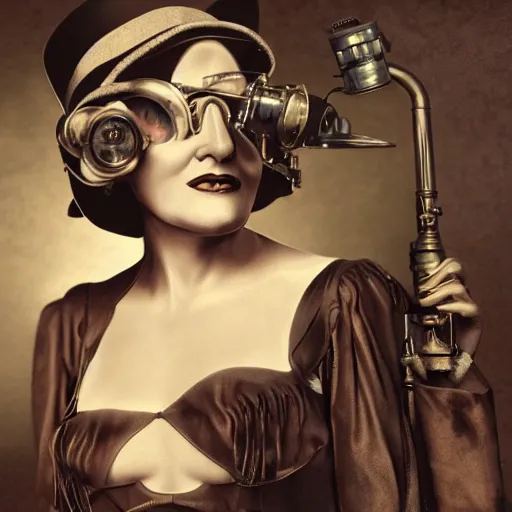 Image similar to portrait still of a young marlene dietrich wearing steampunk goggles, photorealistic, 4 k, octane render, by wayne barlow, alphonse mucha,