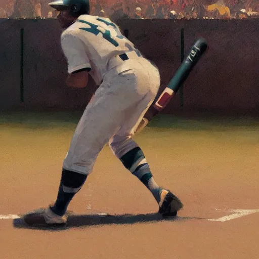 Image similar to baseball player hitting the ball with the baseball bat in the middle of the game and in front of everyone in the stadium, james gurney painting style, greg rutkowski, artstation