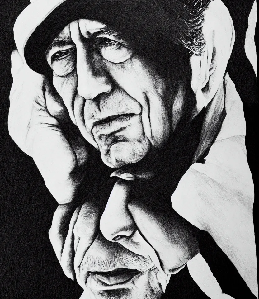 Prompt: beautiful line art portrait of leonard cohen, black and white