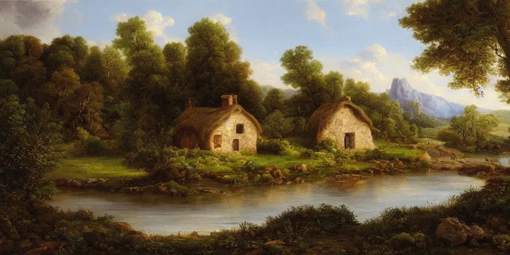 Prompt: a beautiful landscape painting of a cottage by a river in a valley, by john glover, oil on canvas, highly detailed, hd, 4 k