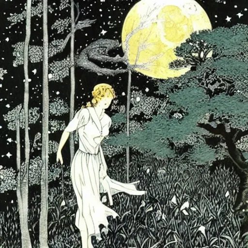 Prompt: beautiful elegant!!! portrait of 1 9 4 0 s woman tolkien elf!! in the forest at night rivendale, style of takato yamamoto intaglio watercolor, moon and stars