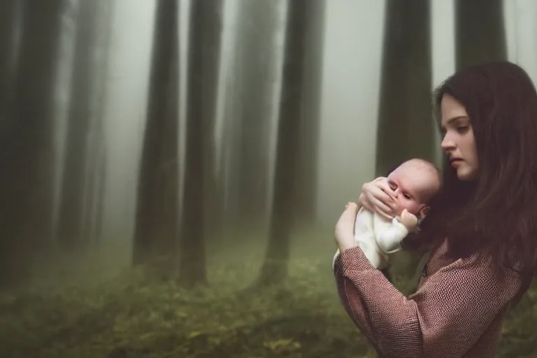 Image similar to a cinematic photo of a young woman with dark hair holds a baby in a dark, foggy forest, closeup, masterpiece