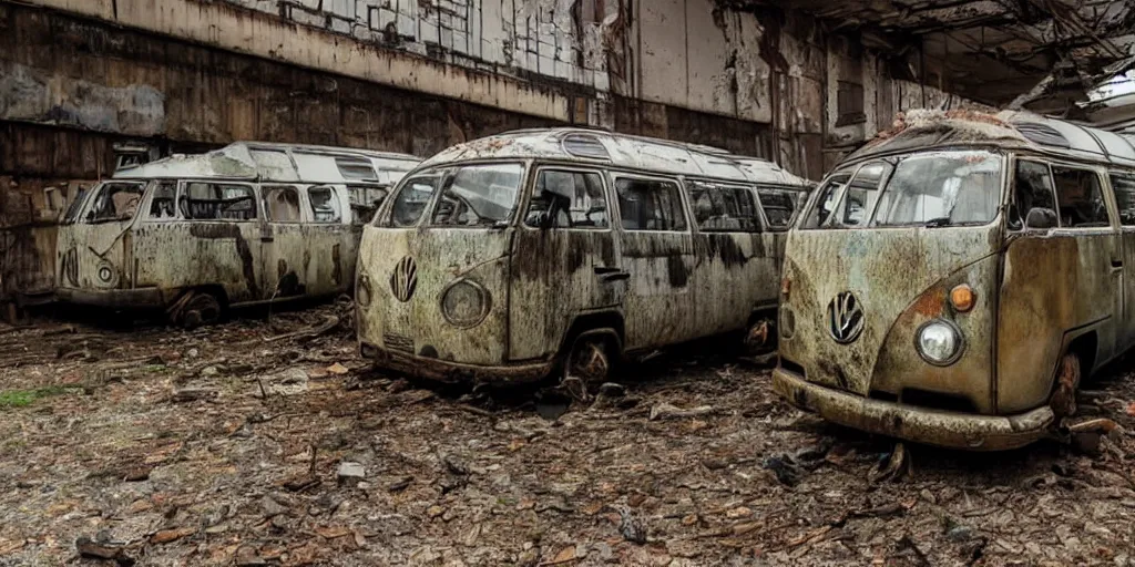 Prompt: an old abandoned factory with a vw campervan rotting, rust,