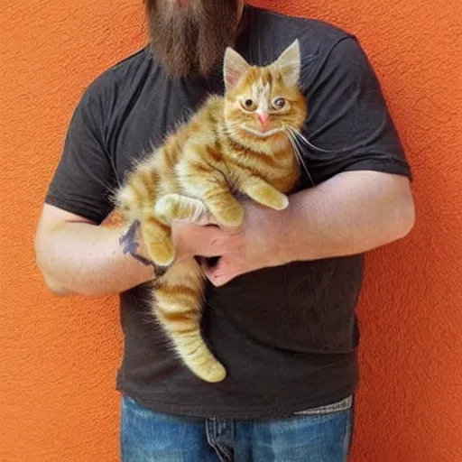 Prompt: a very badass viking daddy holding a cute orange kitten, realistic