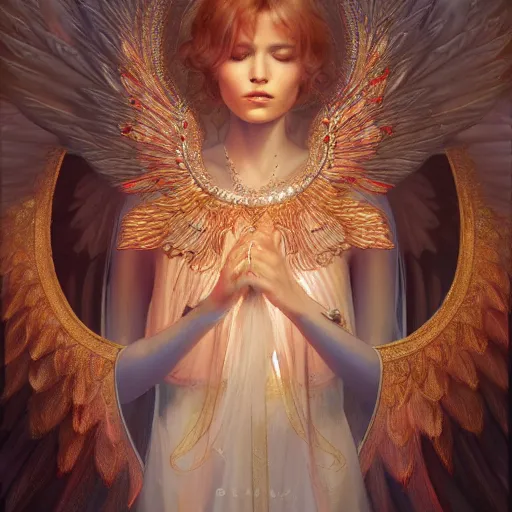 Image similar to A beautiful digital painting of a female Seraphim full of jewels, princess, the moon behind her, intricate, cinematic lighting, highly detailed, digital painting, Artstation, concept art, smooth, sharp focus, illustration, art by Tom Bagshaw, Artgerm and Greg Rutkowski