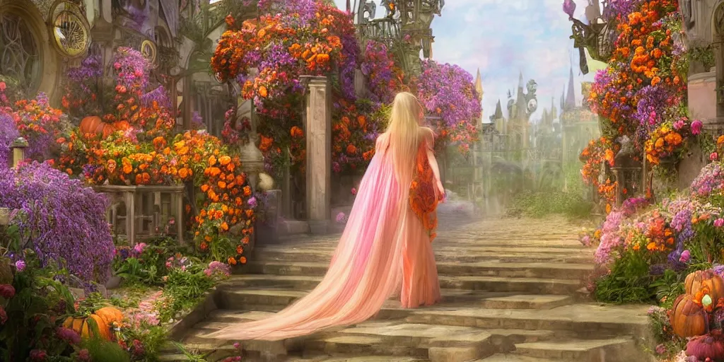 Prompt: fairytale princess entering the gates of her majestic palace of flowers , with horse driven , carriage made of pumpkins , epic scene unreal render depth focus hyperrealistic detail Star Wars mucha fantasy art behance