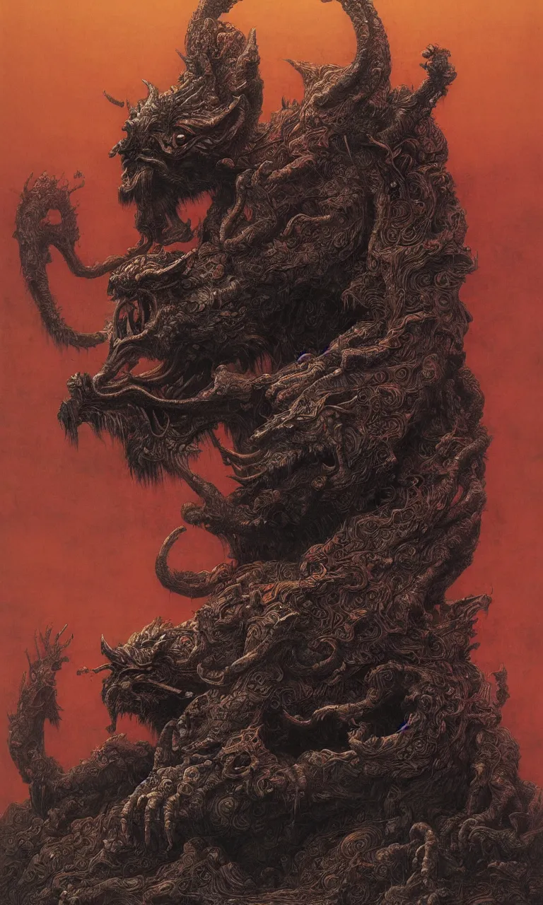 Image similar to 0 immortal beast from chinese mythology by igor wolski as featured on artstation, religious deity imagery in stunning environment, detailed, by beksinski, francis bacon