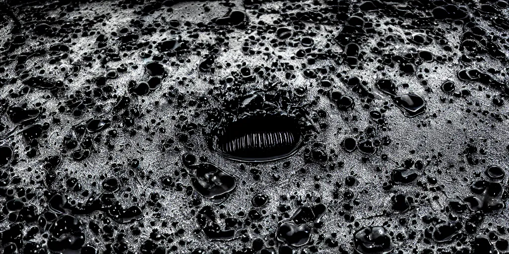 Image similar to the black lioness made of ferrofluid, reforming from a puddle of tar, viscous, sticky, full of black goo, covered with black goo, splattered black goo, dripping black goo, dripping goo, splattered goo, sticky black goo. photography, dslr, reflections, black goo, zoo, exhibit