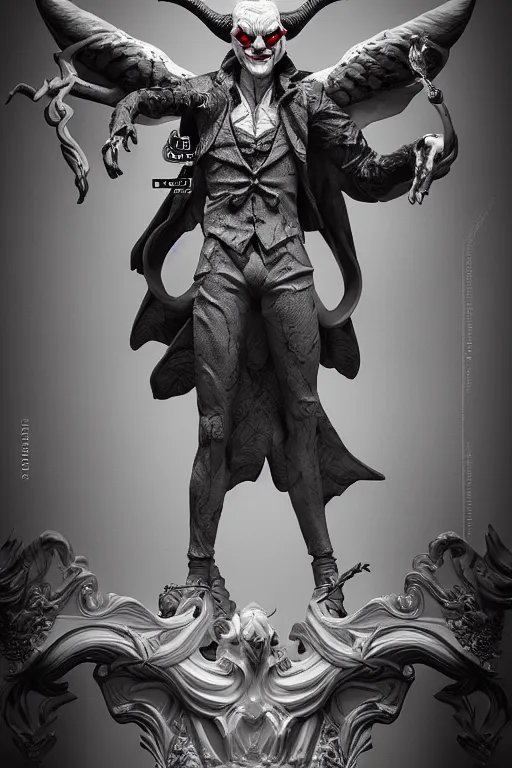 Image similar to digital masterpiece illustration concept art of porcelain statue of joker as baphomet, extremely detailed and intricate complexity, epic composition, magical atmosphere, cinematic lighting, wide long shot, trending on artstation, 8 k