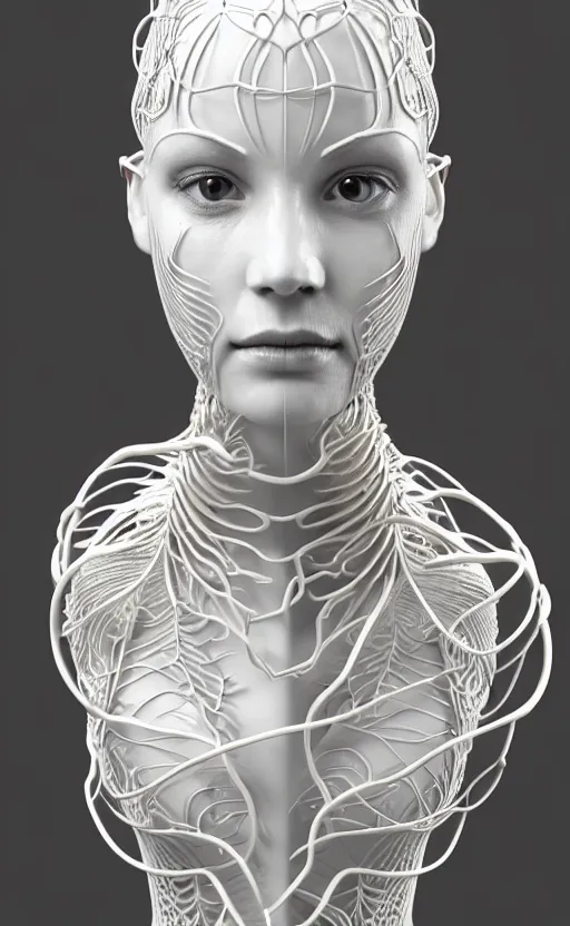 Image similar to complex 3d render ultra detailed of a beautiful porcelain profile woman face, hazel eyes, vegetal dragon cyborg, 150 mm, beautiful natural soft light, rim light, silver white details, roots, fine lace, maze like, mandelbot fractal, magnolia big yellow leaves and stems, anatomical, facial muscles, cable wires, microchip, elegant, white metallic armor, octane render, black and white, H.R. Giger style