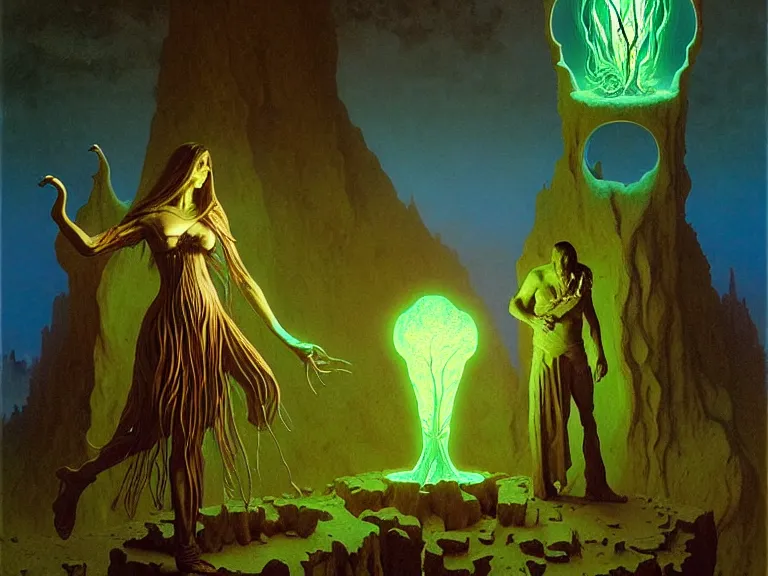 Image similar to the female arcanist and the male artificer by albert bierstadt and gerald brom and zdzisław beksinski and james gilleard, highly detailed, hyperrealistic, intricate, floating metallic objects, blue flames, low light, glowing green crystals