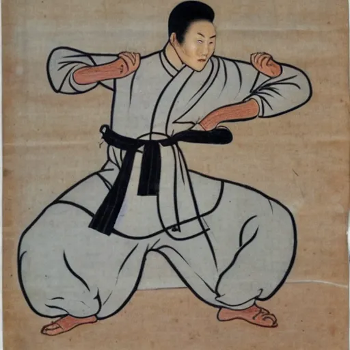 Image similar to yi jin jing posture in huang di nei jing chinese medical kung fu diagram, old manuscript, ancient information, many kung fu illustrations