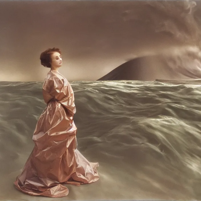 Prompt: a closeup portrait of a woman wearing wrapped in plastic, standing in front of a giant tsunami wave, color photograph, by john singer sargent, canon eos c 3 0 0, ƒ 1. 8, 3 5 mm, 8 k, medium - format print