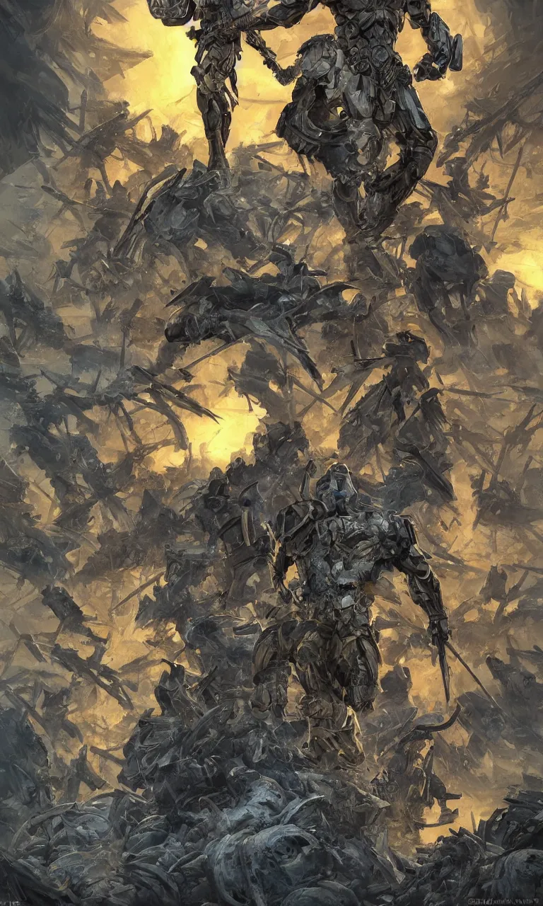 Image similar to a distant shot of a super soldier with blue and yellow flag and a trident symbol standing alone on a huge pile of skulls as a winner, masculine figure, D&D, fantasy, intricate, elegant, highly detailed, extremely detailed, digital painting, artstation, concept art, matte, smooth, sharp focus, illustration, art by Artgerm and Greg Rutkowski and Alphonse Mucha