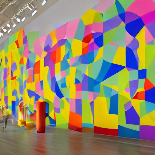 Image similar to one hyper real rubber duck on a pedestal in an art gallery, the walls are covered with colorful geometric wall paintings in the style of sol lewitt.