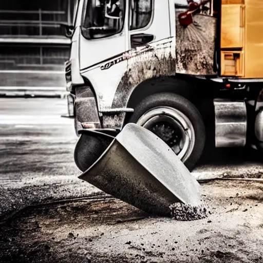 Image similar to realistic cement truck driver eating a bowl of wet cement, magazine photo