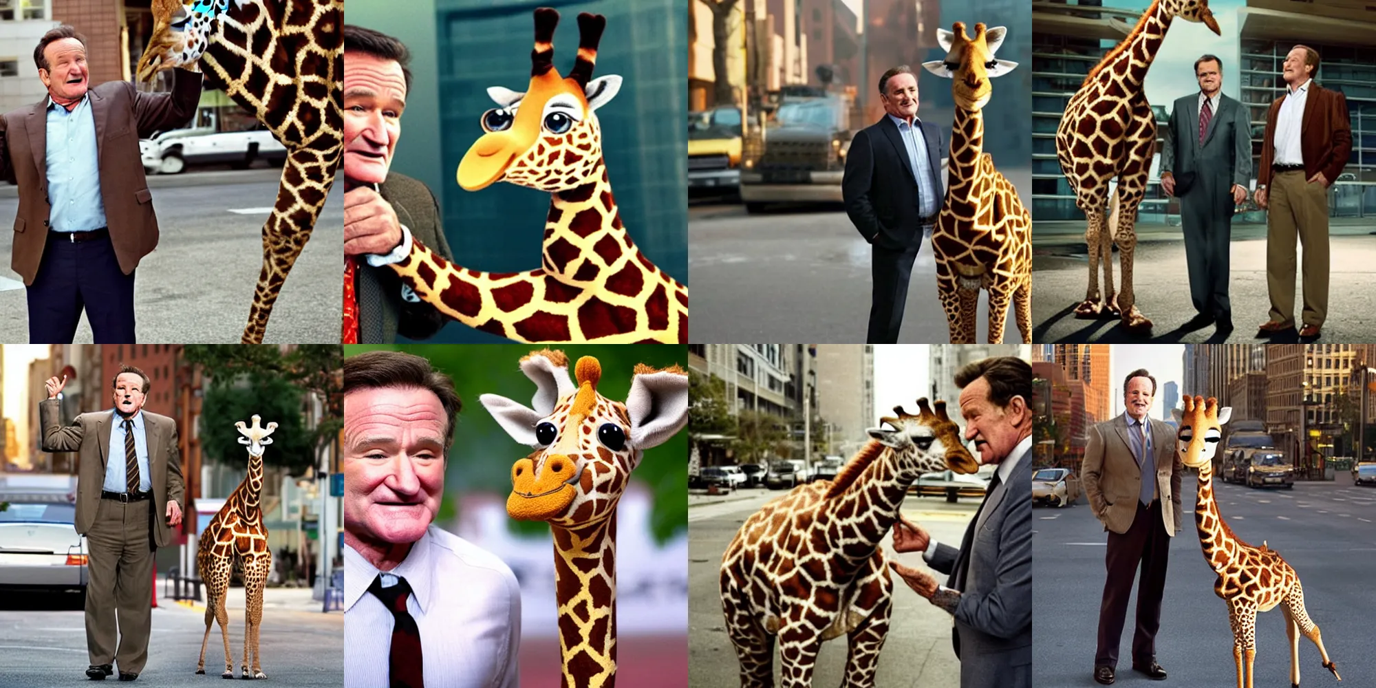 Prompt: robin williams play your kid's favorite Giraffe in the new movie Giraffe on the streets. Pitched by Don Draper