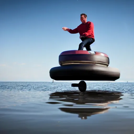 Prompt: man riding a levitating hovercraft