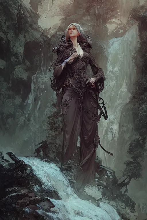 Image similar to a full body portrait of a beautiful post apocalyptic offworld nordic necromancer reclining by the waterfalls, intricate, elegant, highly detailed, digital painting, artstation, concept art, smooth, sharp focus, illustration, art by krenz cushart and artem demura and alphonse mucha