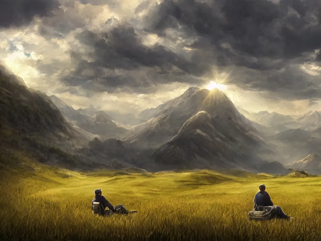 Prompt: a cinematic landscape view looking at an open field, a man sits in the field looking at the sky, mountains in the distance with a river running down, the sun shines through the parted clouds, digital painting, fantasy, art by alexandre mahboubi and christophe oliver