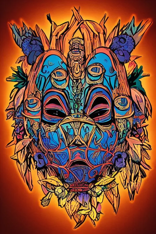 Image similar to animal mask totem roots flower tribal feather gemstone plant wood rock shaman vodoo video game vector cutout illustration vivid multicolor borderlands comics by josan gonzales and dan mumford radiating a glowing aura