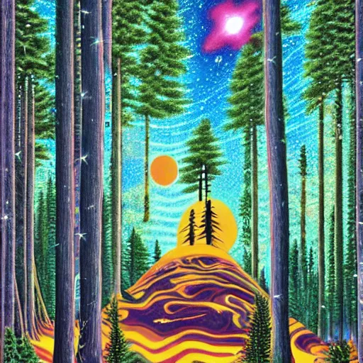 Prompt: psychedelic, trippy, lush pine forest, broken cowboy, milky way, planets, cartoon by rob gonsalves, sharp focus, colorful refracted sparkles and lines, soft light