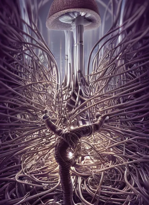 Image similar to wide - angle shot of cybertronic mushroom, cables and tubes, depth of field, zeiss lens, detailed, symmetrical, centered, fashion photoshoot, by nicoletta ceccoli, mark ryden, lostfish, earl nore, hyung tae, frank frazetta, breathtaking, 8 k resolution, extremely detailed, beautiful, establishing shot, artistic, hyperrealistic, octane render