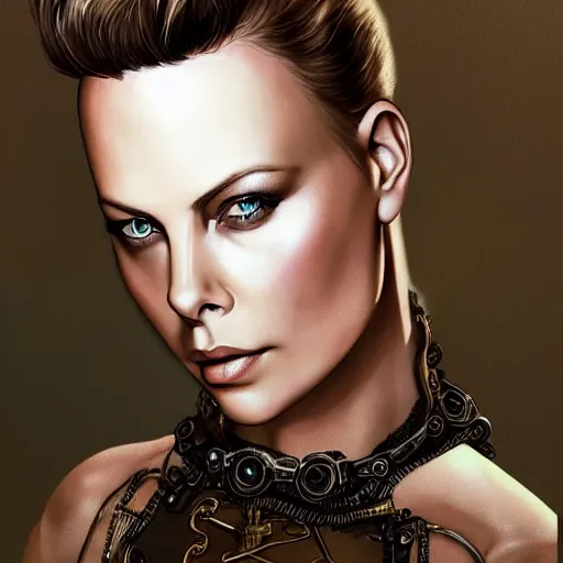 Prompt: beautiful Charlize Theron, perfect face and boy, in detailed steampunk dress, smooth, sharp focus, illustration, realistic, cinematic, artstation, gold, ornate, award winning, original modern artwork, set on H. R. Giger aesthetic, rgb ethereal lighting,8k