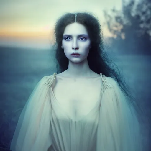 Image similar to photographic portrait of a stunningly beautiful eurasian gothic renaissance female in soft dreamy light at sunset, soft focus, contemporary fashion shoot, in a tim burton movie, by edward robert hughes, annie leibovitz and steve mccurry, david lazar, jimmy nelsson, extremely detailed, breathtaking, hyperrealistic, perfect face, octane render