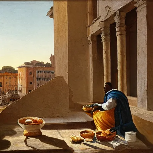 Image similar to a nubian eating breakfast, buildings in rome by martinus rørbye