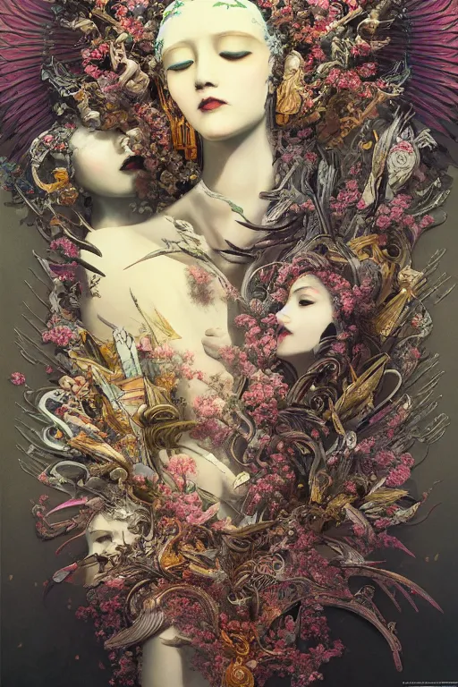 Image similar to portrait breathtaking detailed concept art painting art deco pattern of birds goddesses amalmation flowers head thibetan temple, by hsiao ron cheng, tetsuya ichida, bizarre compositions, yoji shinkawa, exquisite detail, extremely moody lighting, 8 k, art nouveau, old chines painting, art nouveau