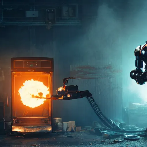 Image similar to toaster oven terminator robot, dark messy smoke - filled cluttered workshop, dark, dramatic lighting, orange tint, sparks, plasma charge, cinematic, highly detailed, sci - fi, futuristic, movie still