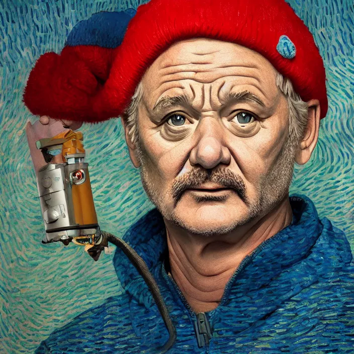 Image similar to portrait of bill murray as steve zissou, painting in the style of Wes Anderson. intricate artwork. by Van Gogh. octane render, trending on artstation, greg rutkowski very coherent symmetrical artwork. cinematic, high detail, octane render, 8k, iridescent accents