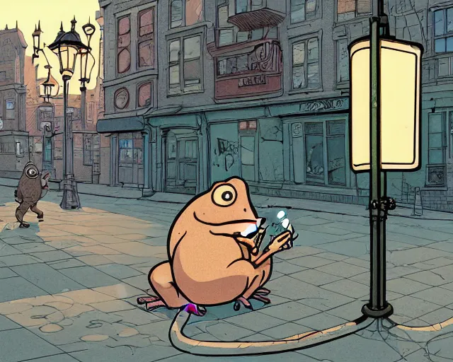 Image similar to a study of cell shaded cartoon of a toad smoking a cigarette on a city street, street lamps, road, illustration, wide shot, subtle colors, post grunge, concept art by josan gonzales and wlop, by james jean, Victo ngai, David Rubín, Mike Mignola, Laurie Greasley, highly detailed, sharp focus, Trending on Artstation, HQ, deviantart, art by artgem