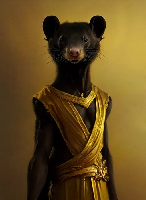 Image similar to a beautiful closeup shot from a fantasy film of a humanoid black ferret with golden eyes wearing a loose tunic. an anthropomorphic ferret with gold eyes. joseph ducreux, greg rutkowski.