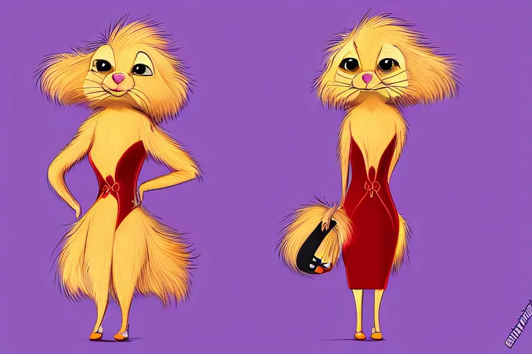 Prompt: lorax movie : detailed illustration : ferret character : wearing a stravagant fur dress : wearing diamonds stiletto : head torso legs : behance artstation