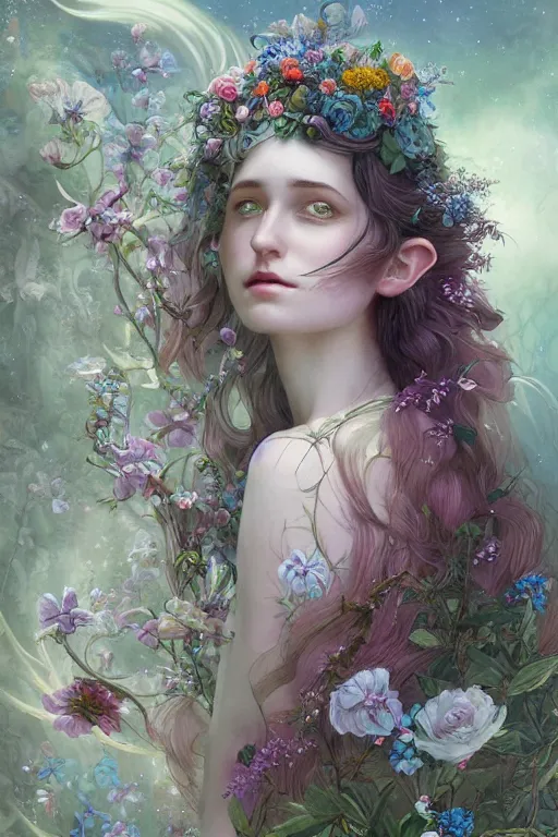 Prompt: a portrait of a beautiful elvish goddess with flowers in her hairs , fairy-like , 8k, highly detailed, sharp focus, ethereal clothes, astral environment, in style of Anna Dittmann and Mark Arial and Artgerm and Gerald Brom