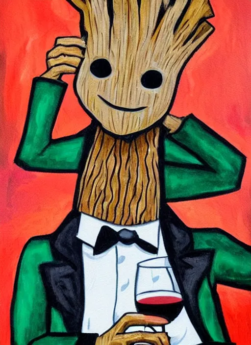 Prompt: painting of the groot as a gentleman wearing tuxedo drinking wine, vivid colors, masterpiece, artwork