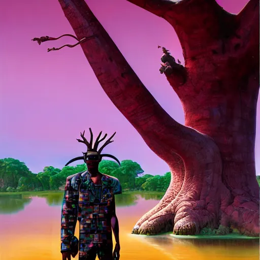 Prompt: a zulu cyberpunk hunter near a pink lake with a giant baobab tree in the middle by thomas blackshear and android jones in a surreal portrait style, oil on canvas, 8k resolution.