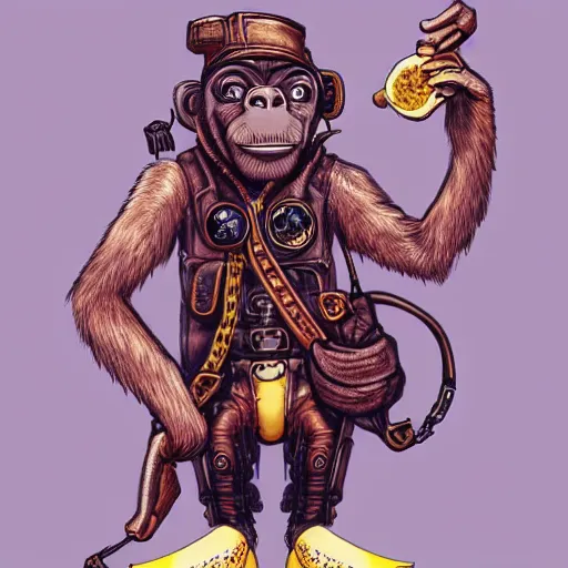 Prompt: cool monkey with banana in steampunk style, digital art, high quality, artstation